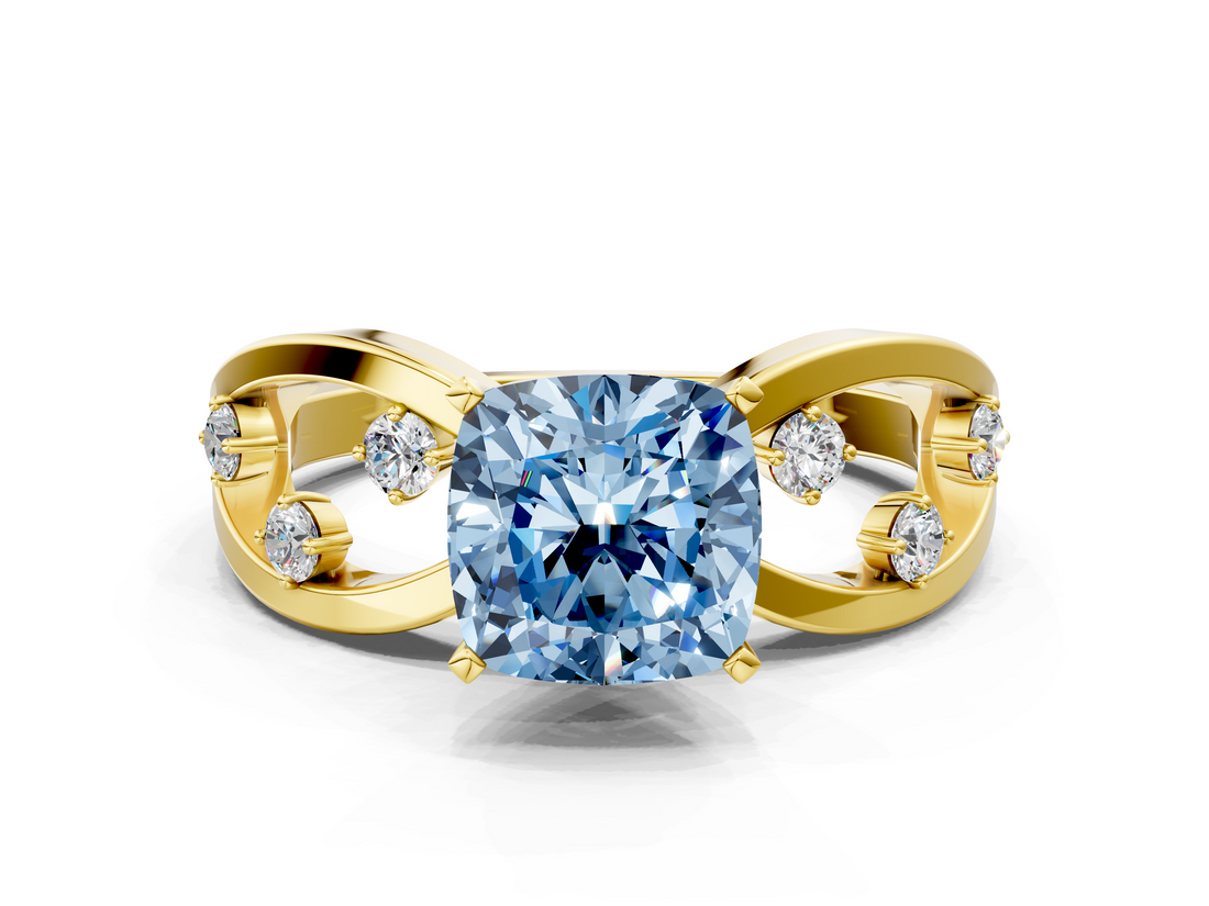 Yellow gold Fancy Blue Cushion  Cut Solitaire Diamond with Side Stones on Criss-Cross Band and Four-Prong Setting_3