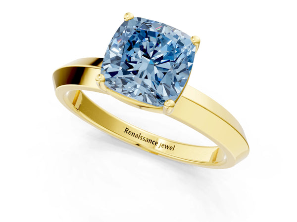 Yellow gold Fancy Blue Cushion  Cut Solitaire Engagement Ring with Flat Band and Four-Prong Setting