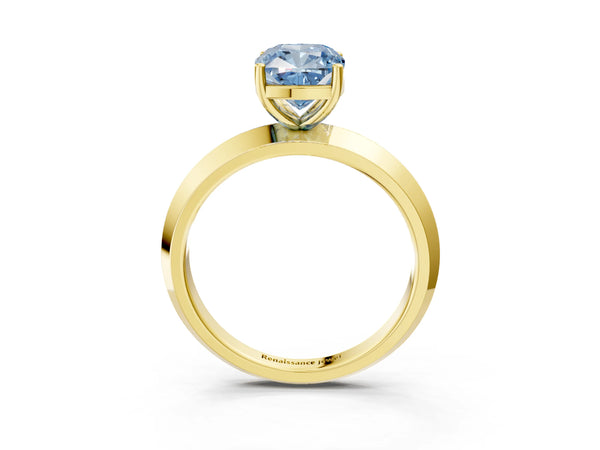 Yellow gold Fancy Blue Cushion  Cut Solitaire Engagement Ring with Flat Band and Four-Prong Setting