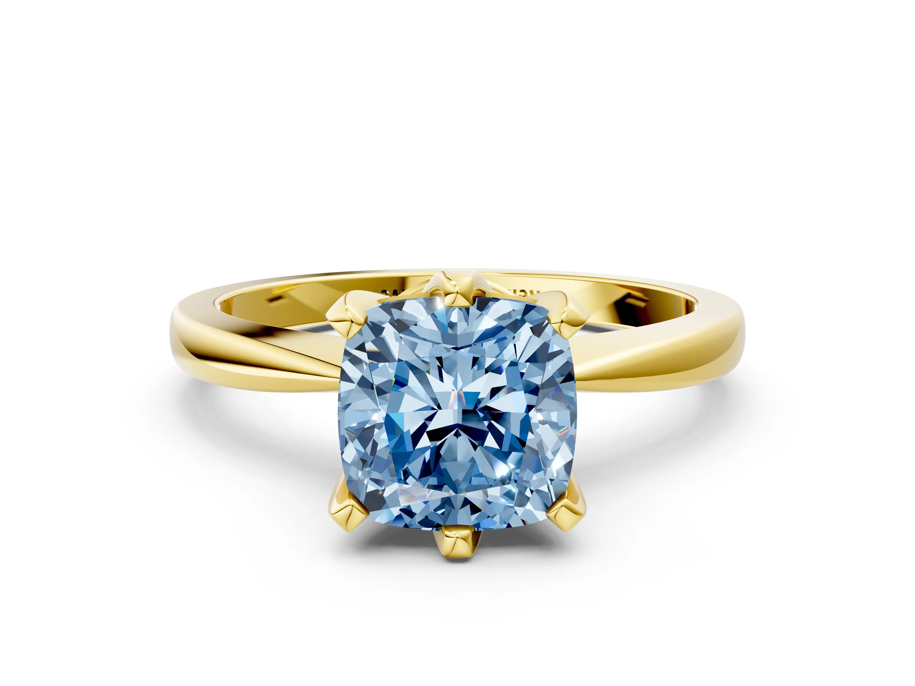 Yellow gold Fancy Blue Cushion Cut Solitaire Engagement Ring with Six-Prong Setting and Tapered Band