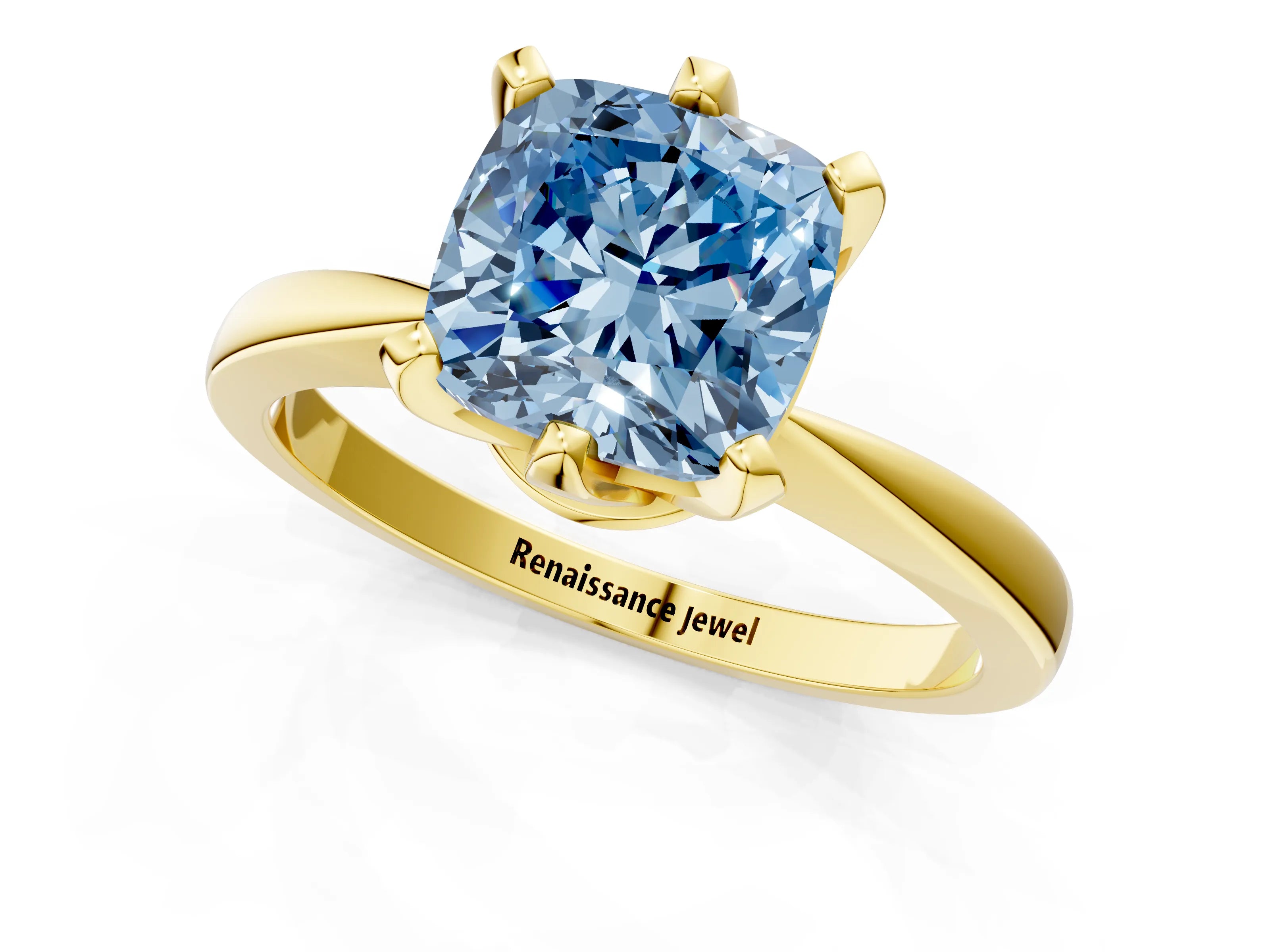 Yellow gold Fancy Blue Cushion Cut Solitaire Engagement Ring with Six-Prong Setting and Tapered Band_1