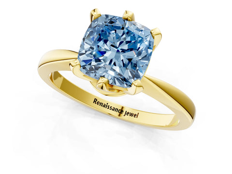 Yellow gold Fancy Blue Cushion Cut Solitaire Engagement Ring with Six-Prong Setting and Tapered Band_1