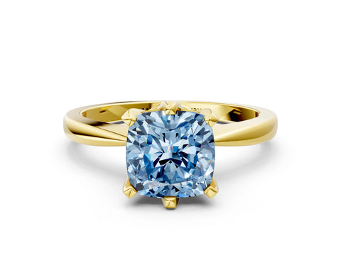 Yellow gold Fancy Blue Cushion Cut Solitaire Engagement Ring with Six-Prong Setting and Tapered Band