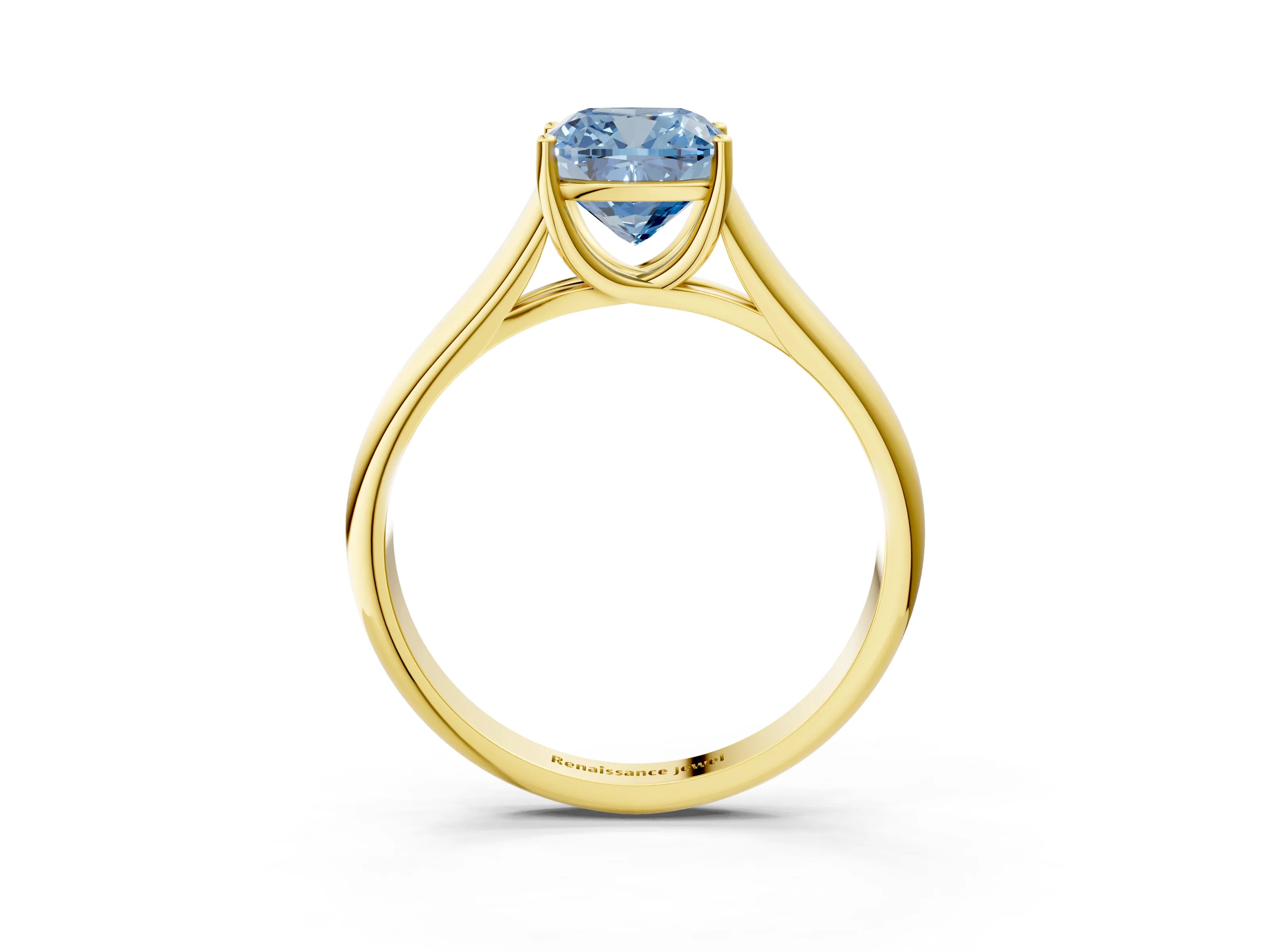 Yellow gold Fancy Blue Cushion Cut Solitaire Engagement Ring with Tapered Band and Four-Prong Setting_6