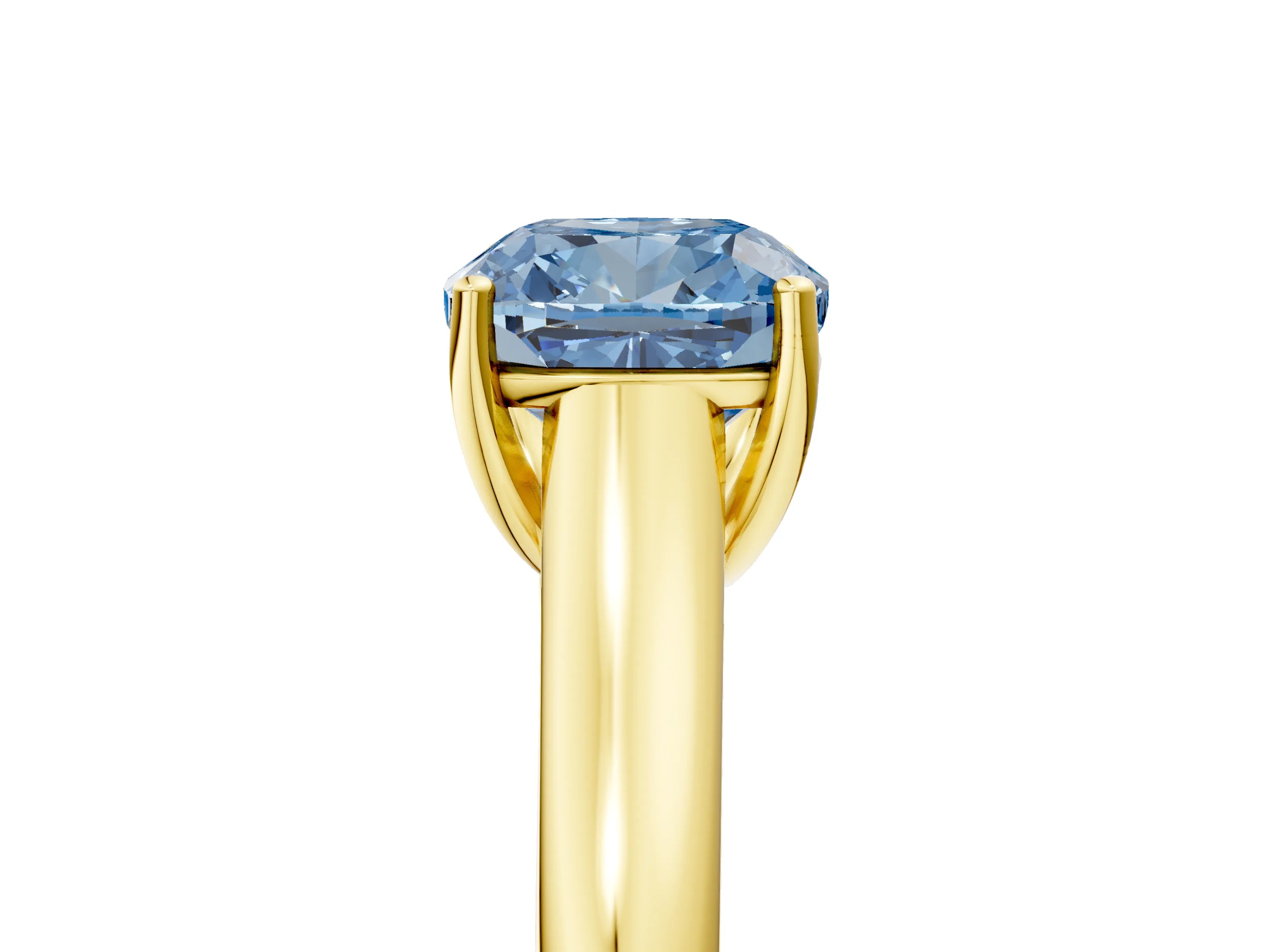 Yellow gold Fancy Blue Cushion Cut Solitaire Engagement Ring with Tapered Band and Four-Prong Setting_8