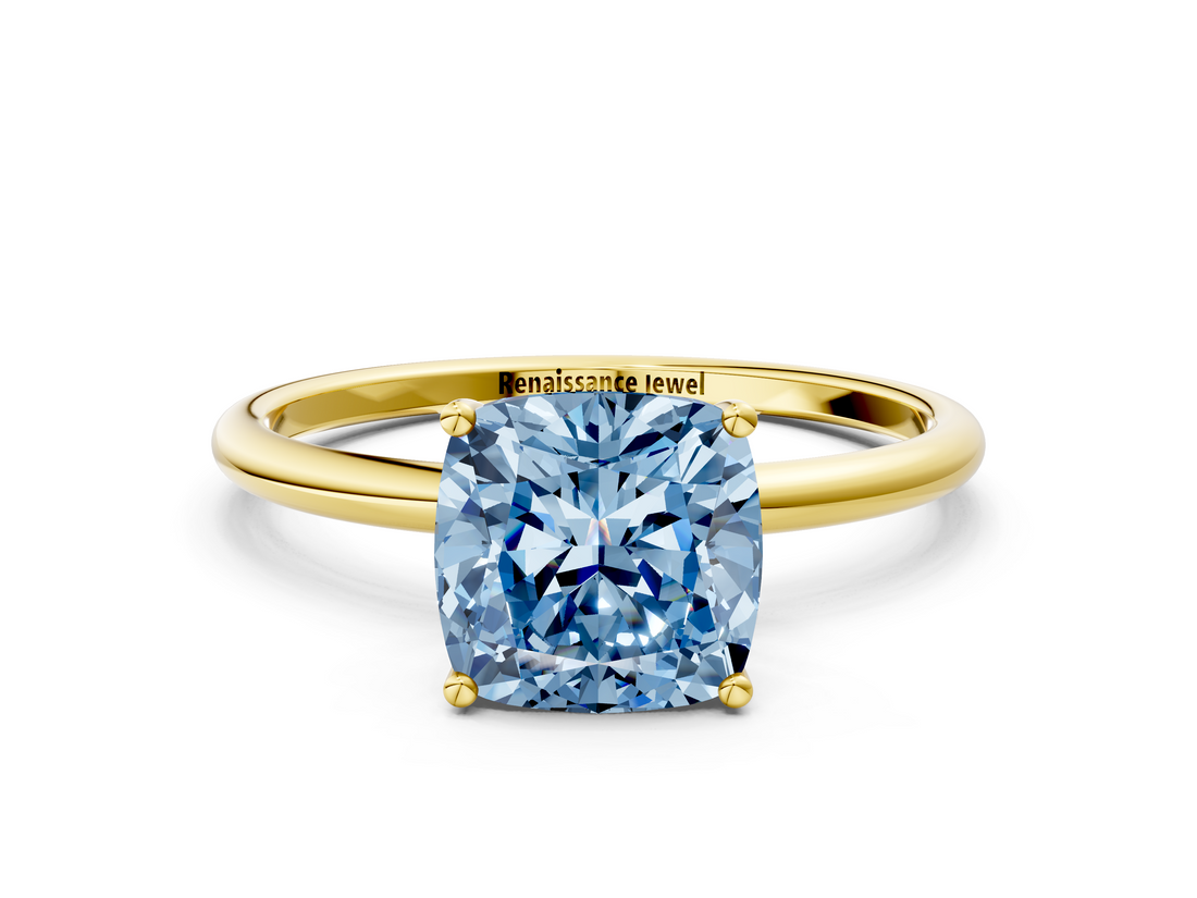 Yellow gold Fancy Blue Cushion  Cut Solitaire Engagement Ring with Thin Band and Four-Prong Setting_3