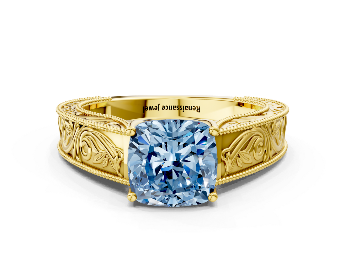 Yellow gold Fancy Blue Cushion  Cut Solitaire Engraved Band with Four-Prong Setting_62