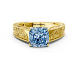 Yellow gold Fancy Blue Cushion  Cut Solitaire Engraved Band with Four-Prong Setting_62