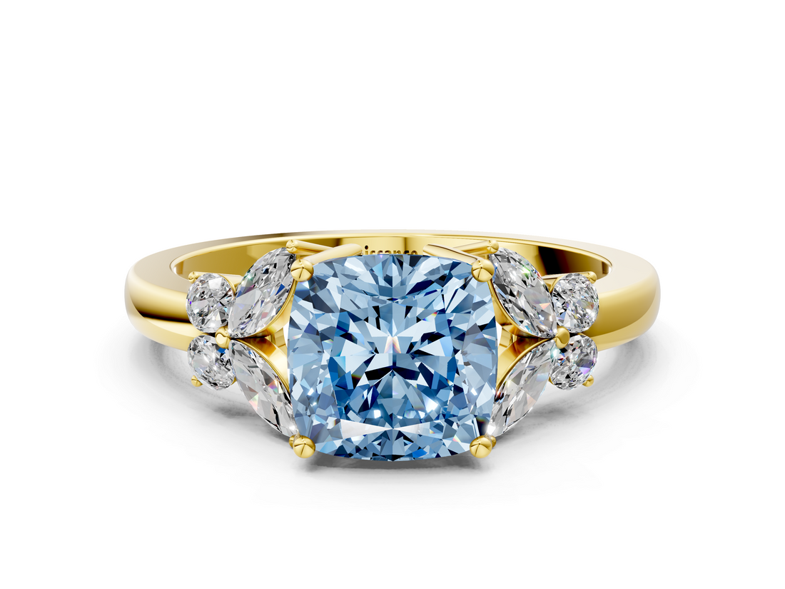 Yellow gold Fancy Blue Cushion  Cut Solitaire Floral Diamond Ring with Four-Prong Setting_37