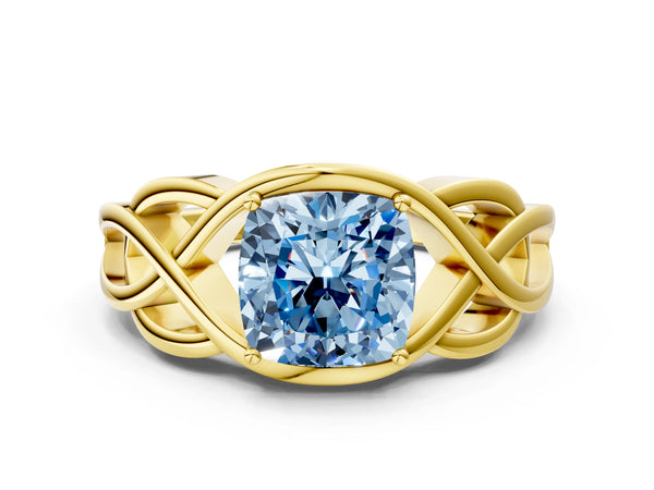 Yellow gold Fancy Blue Cushion Cut Solitaire Intertwined Band Prong Setting Ring