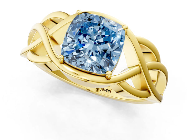 Yellow gold Fancy Blue Cushion Cut Solitaire Intertwined Band Prong Setting Ring