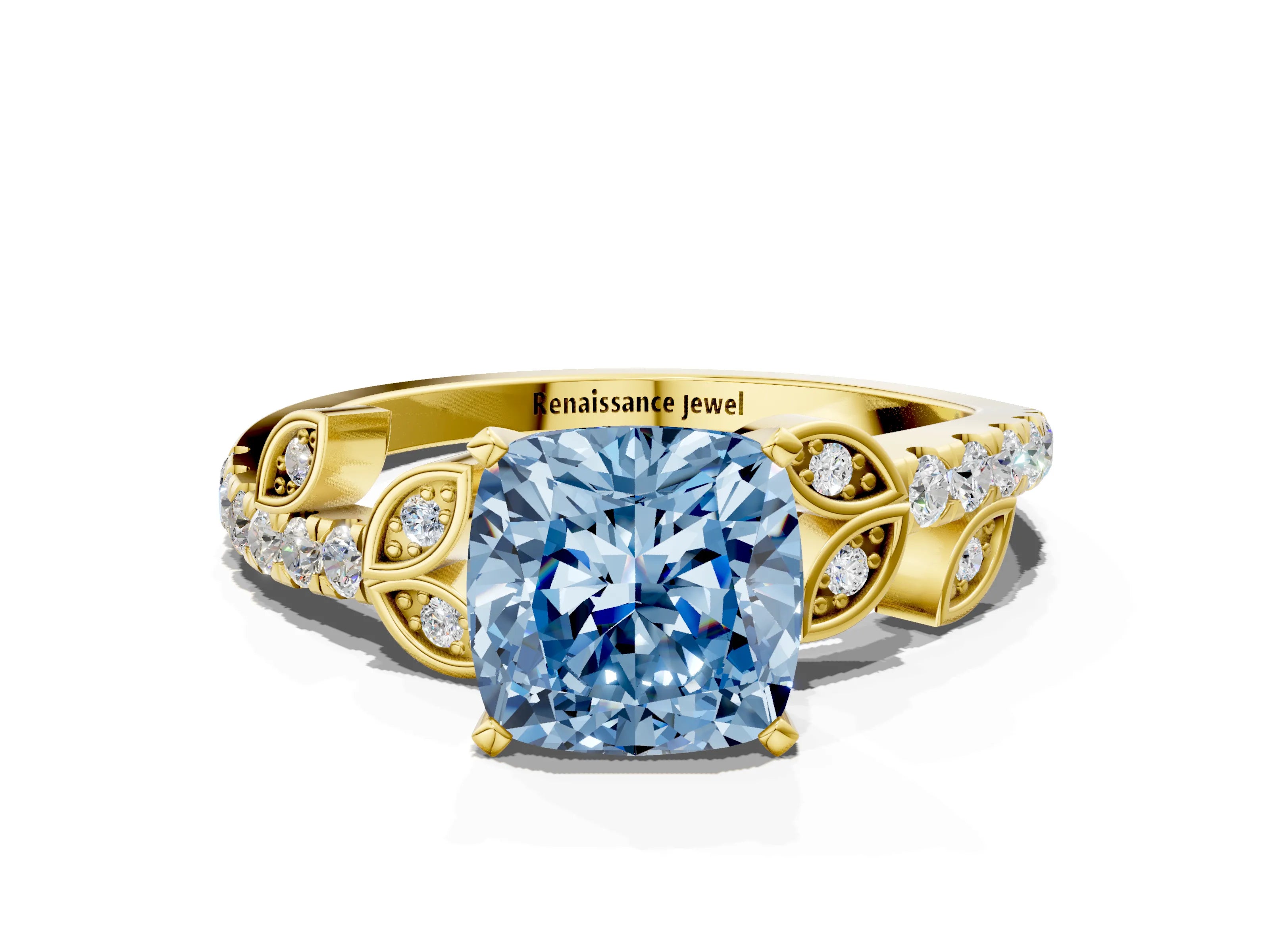 Yellow gold Fancy Blue Cushion Cut Solitaire Leaf-Inspired Diamond Ring with Pavé Band and Four-Prong Setting