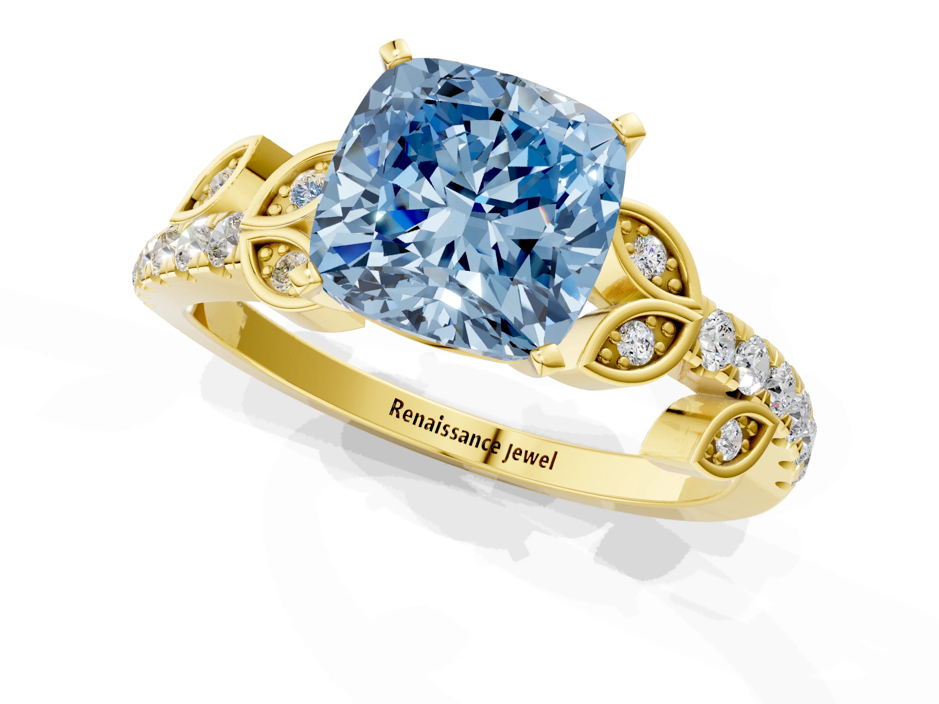 Yellow gold Fancy Blue Cushion Cut Solitaire Leaf-Inspired Diamond Ring with Pavé Band and Four-Prong Setting_1