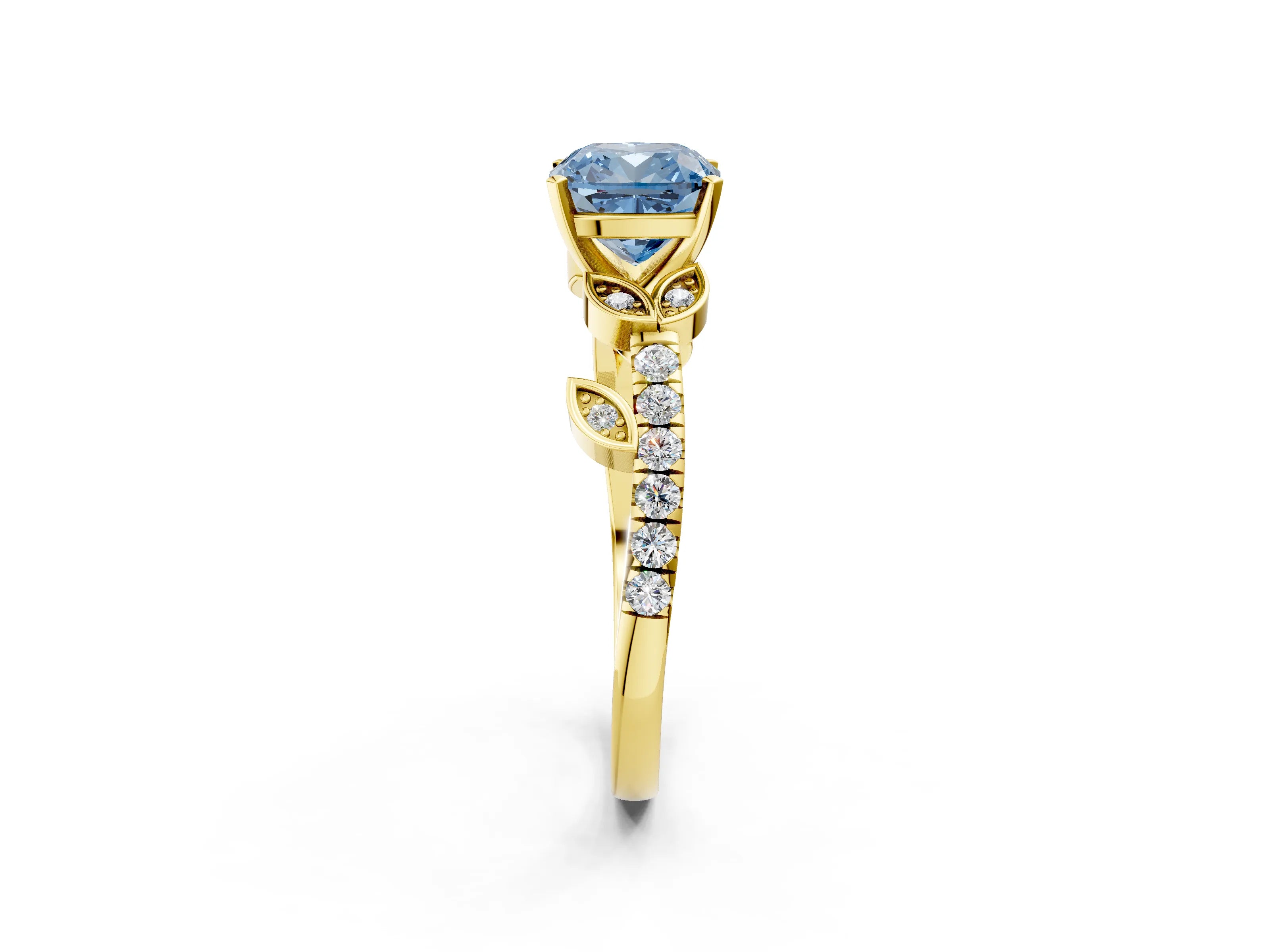 Yellow gold Fancy Blue Cushion Cut Solitaire Leaf-Inspired Diamond Ring with Pavé Band and Four-Prong Setting_2