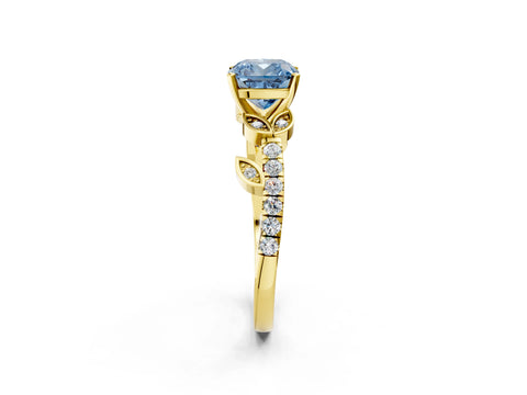 Yellow gold Fancy Blue Cushion Cut Solitaire Leaf-Inspired Diamond Ring with Pavé Band and Four-Prong Setting_2