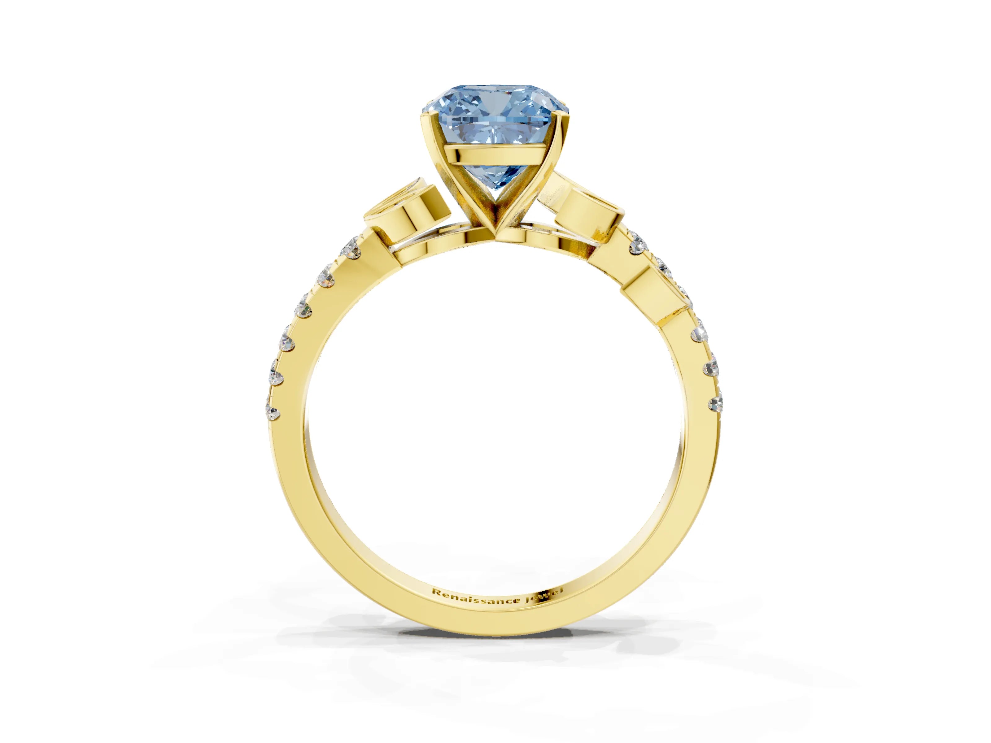 Yellow gold Fancy Blue Cushion Cut Solitaire Leaf-Inspired Diamond Ring with Pavé Band and Four-Prong Setting_3