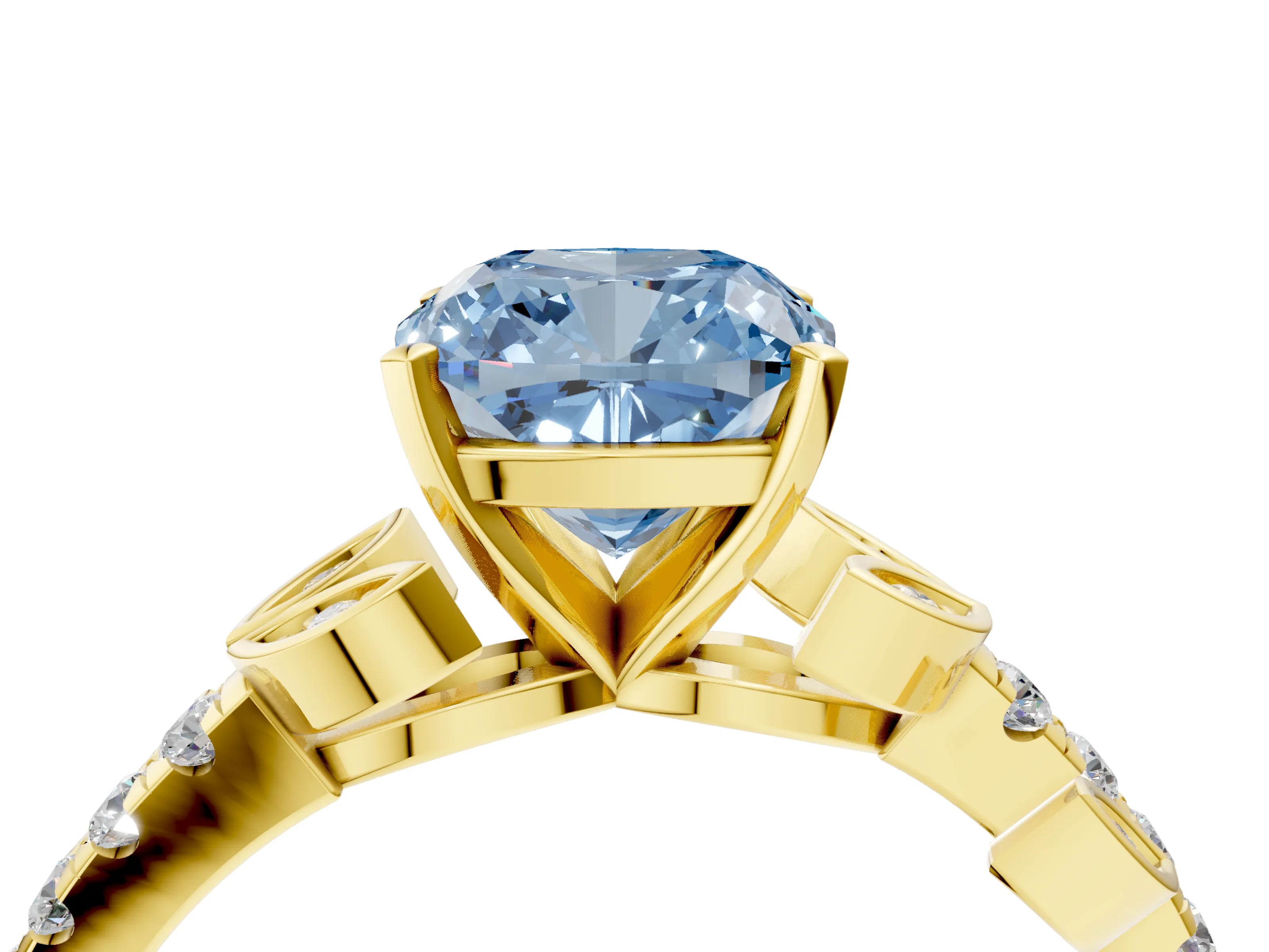 Yellow gold Fancy Blue Cushion Cut Solitaire Leaf-Inspired Diamond Ring with Pavé Band and Four-Prong Setting_4