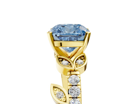 Yellow gold Fancy Blue Cushion Cut Solitaire Leaf-Inspired Diamond Ring with Pavé Band and Four-Prong Setting_5