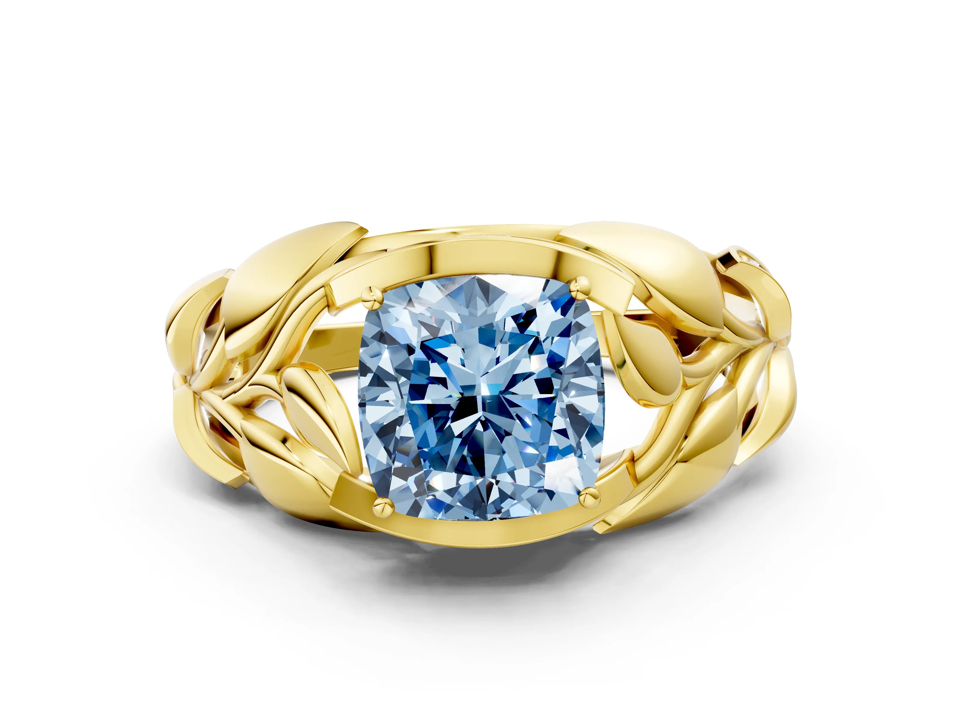 Yellow gold Fancy Blue Cushion Cut Solitaire Leaf-Inspired Engagement Ring with Prong Setting
