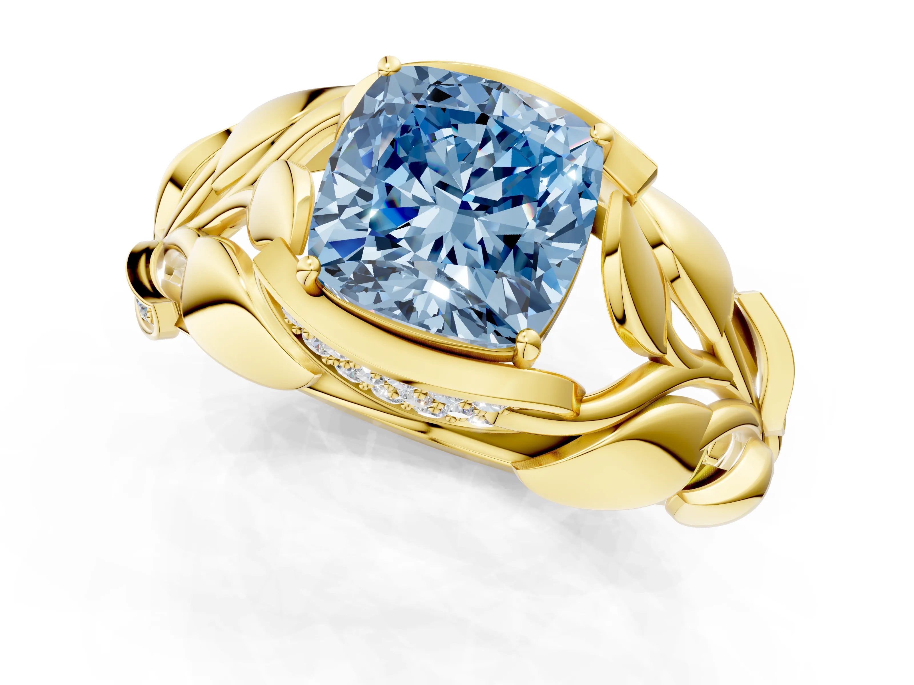 Yellow gold Fancy Blue Cushion Cut Solitaire Leaf-Inspired Engagement Ring with Prong Setting_1