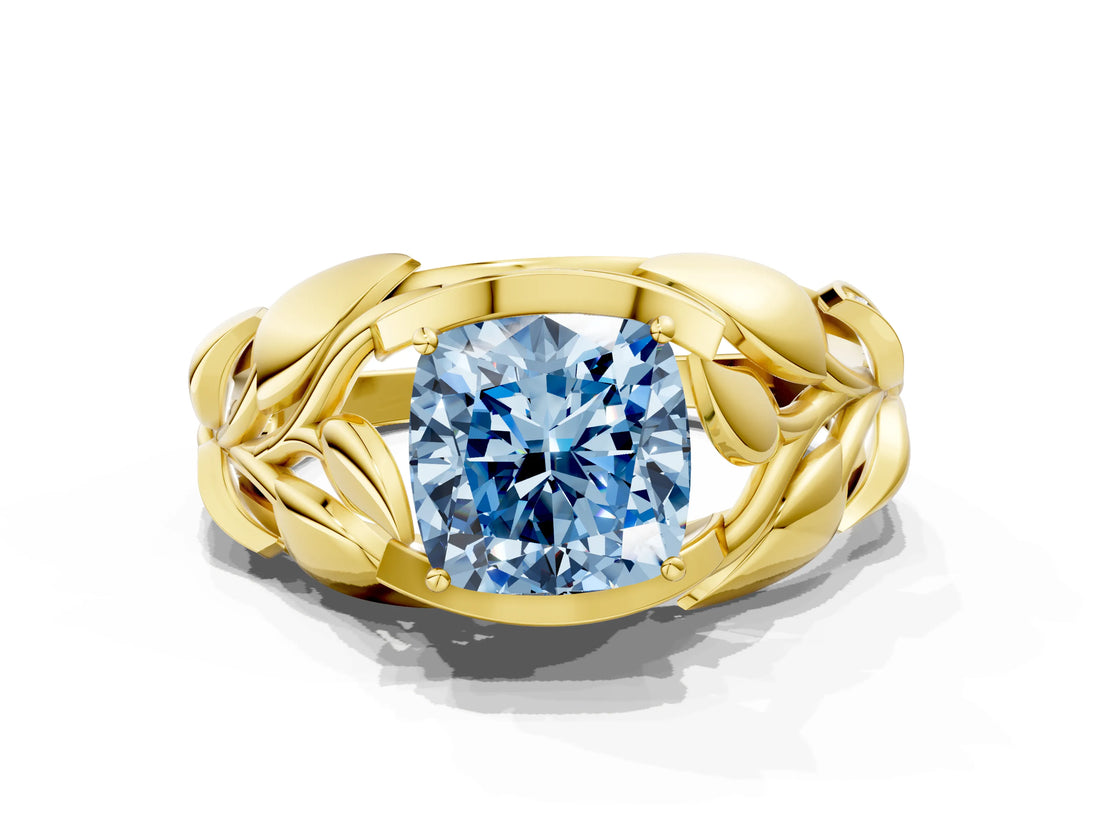 Yellow gold Fancy Blue Cushion Cut Solitaire Leaf-Inspired Engagement Ring with Prong Setting_12