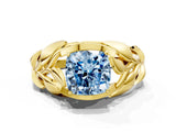 Yellow gold Fancy Blue Cushion Cut Solitaire Leaf-Inspired Engagement Ring with Prong Setting_12