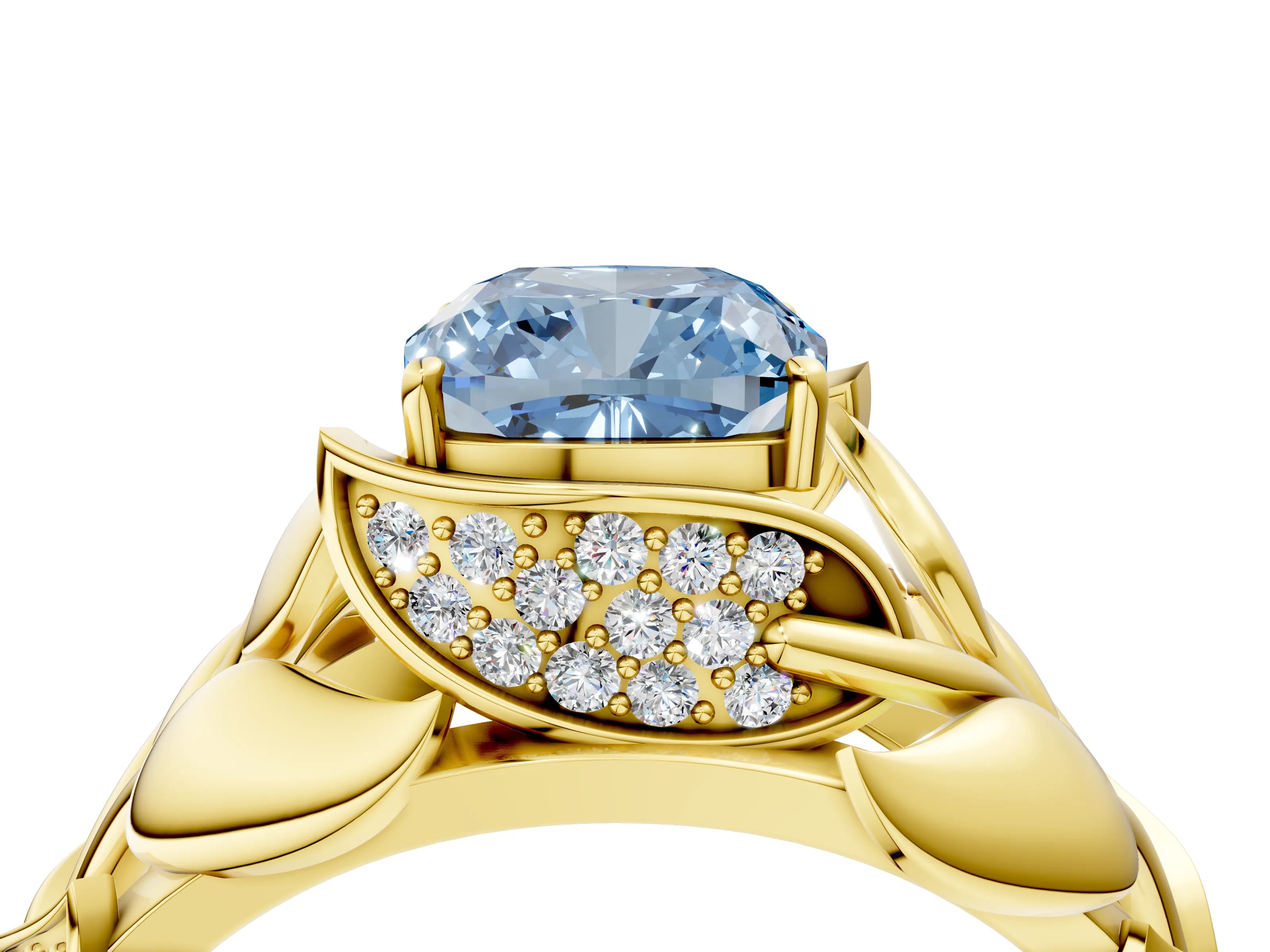 Yellow gold Fancy Blue Cushion Cut Solitaire Leaf-Inspired Engagement Ring with Prong Setting_4