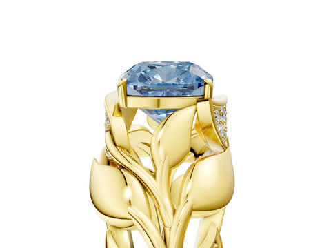 Yellow gold Fancy Blue Cushion Cut Solitaire Leaf-Inspired Engagement Ring with Prong Setting_5