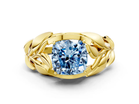 Yellow gold Fancy Blue Cushion Cut Solitaire Leaf-Inspired Engagement Ring with Prong Setting