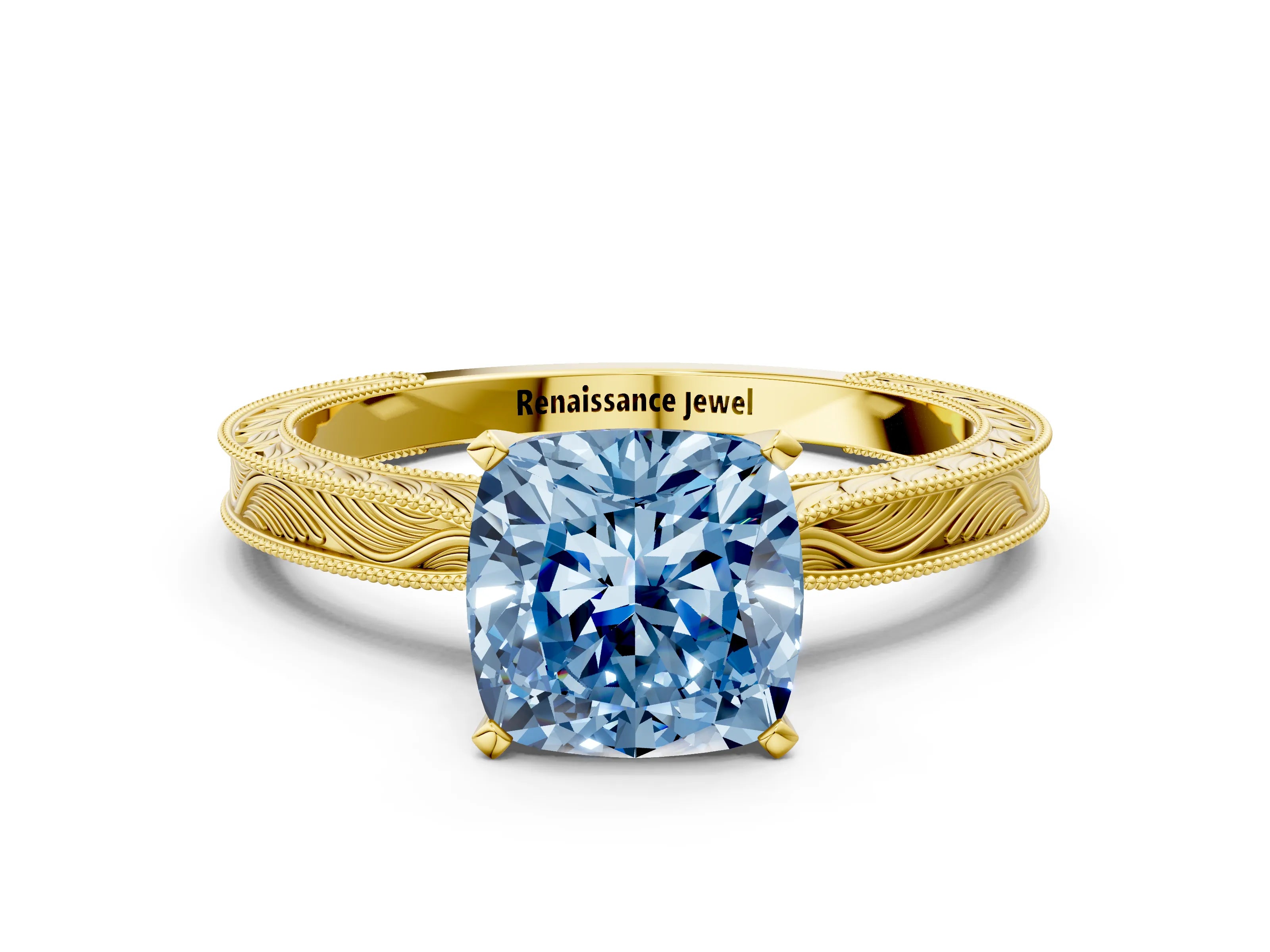 Yellow gold Fancy Blue Cushion Cut Solitaire Milgrain Engraved Band with Four-Prong Setting