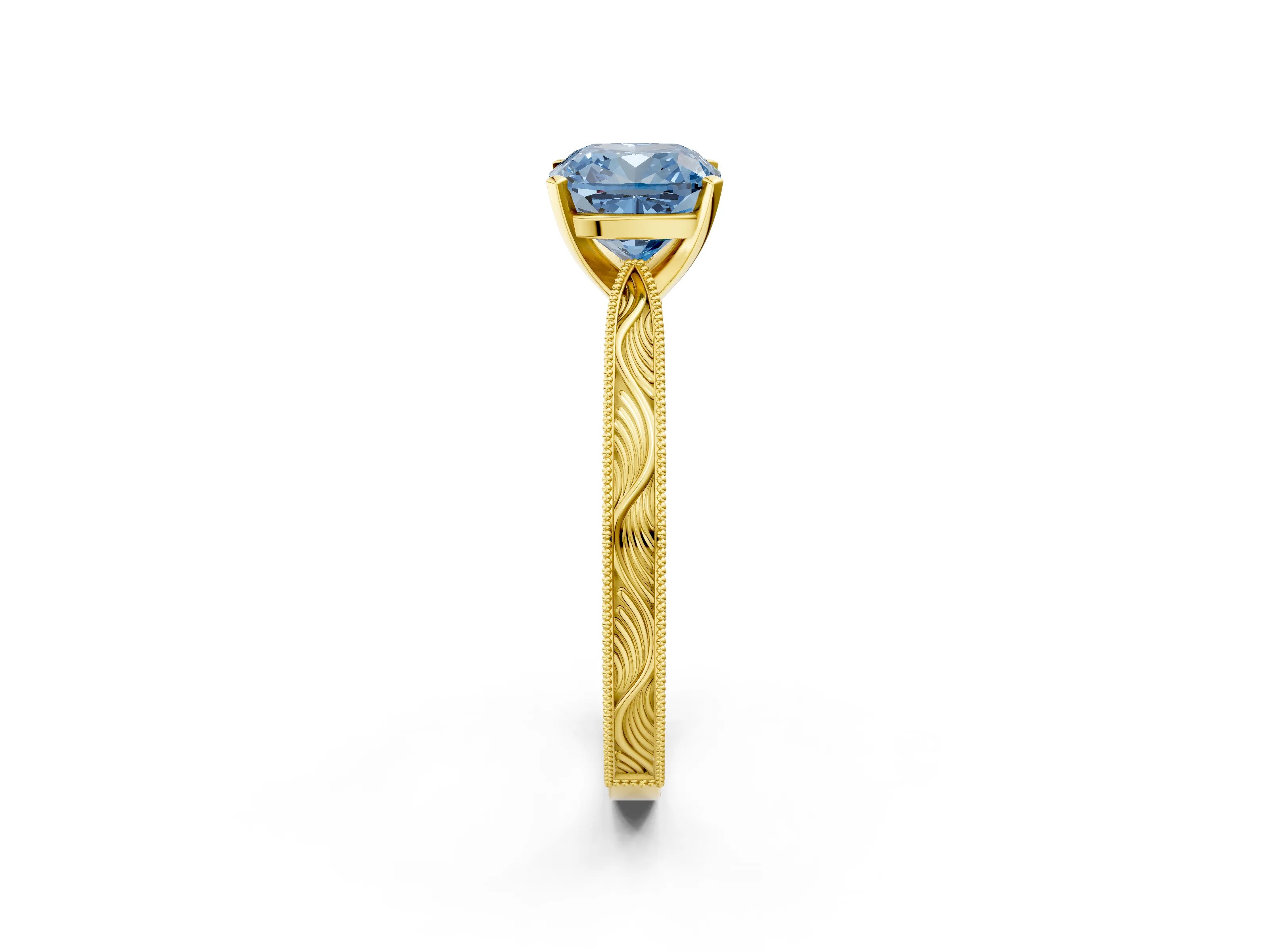 Yellow gold Fancy Blue Cushion Cut Solitaire Milgrain Engraved Band with Four-Prong Setting_2