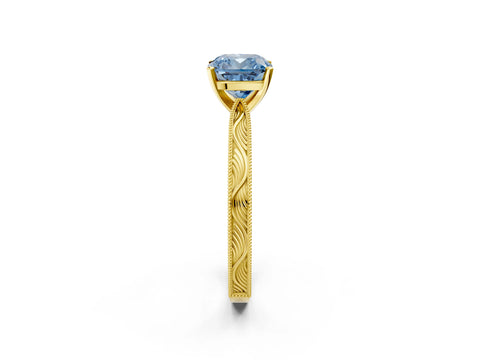 Yellow gold Fancy Blue Cushion Cut Solitaire Milgrain Engraved Band with Four-Prong Setting_2