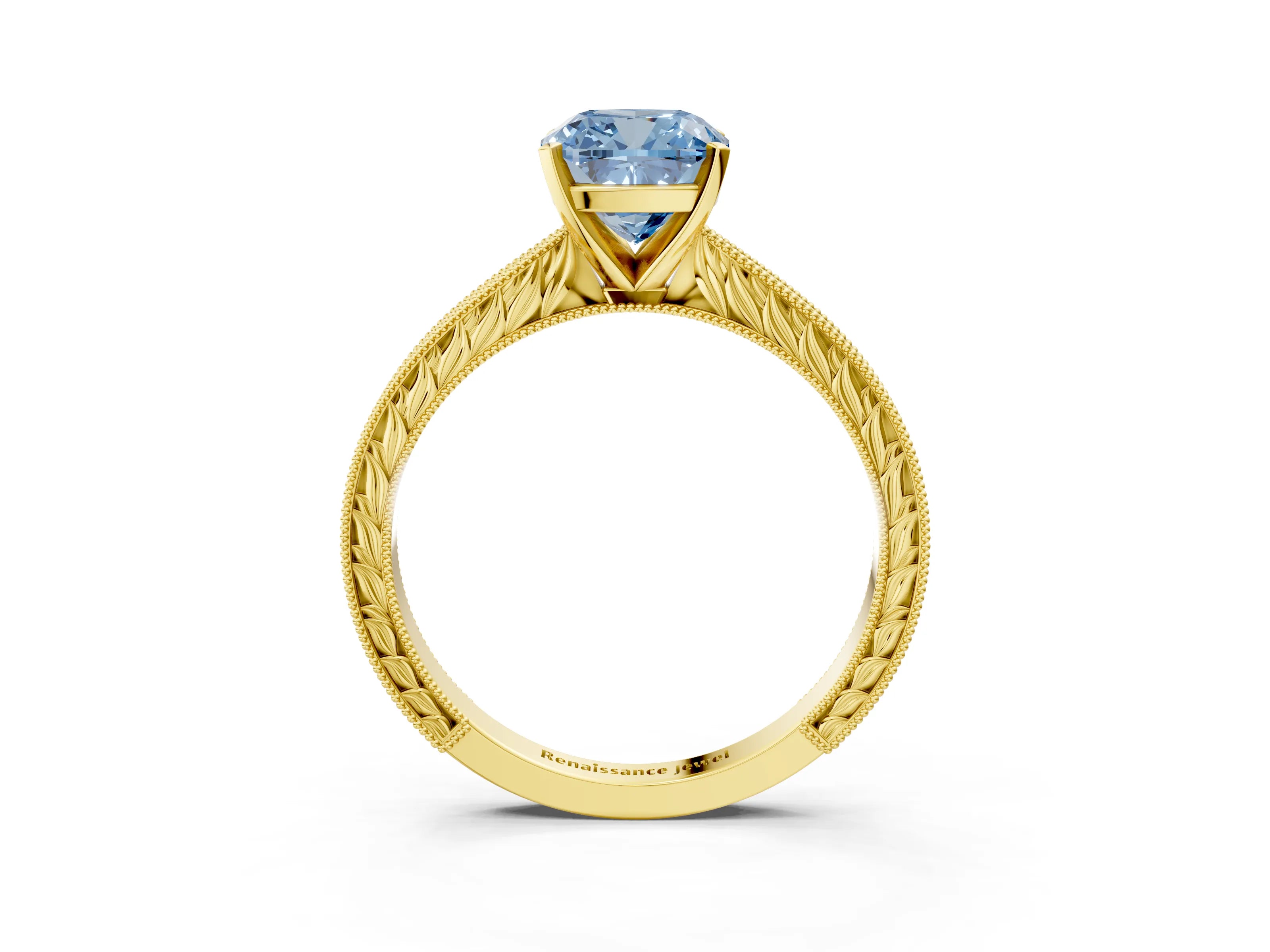 Yellow gold Fancy Blue Cushion Cut Solitaire Milgrain Engraved Band with Four-Prong Setting_3