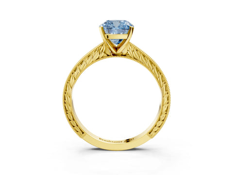 Yellow gold Fancy Blue Cushion Cut Solitaire Milgrain Engraved Band with Four-Prong Setting_3