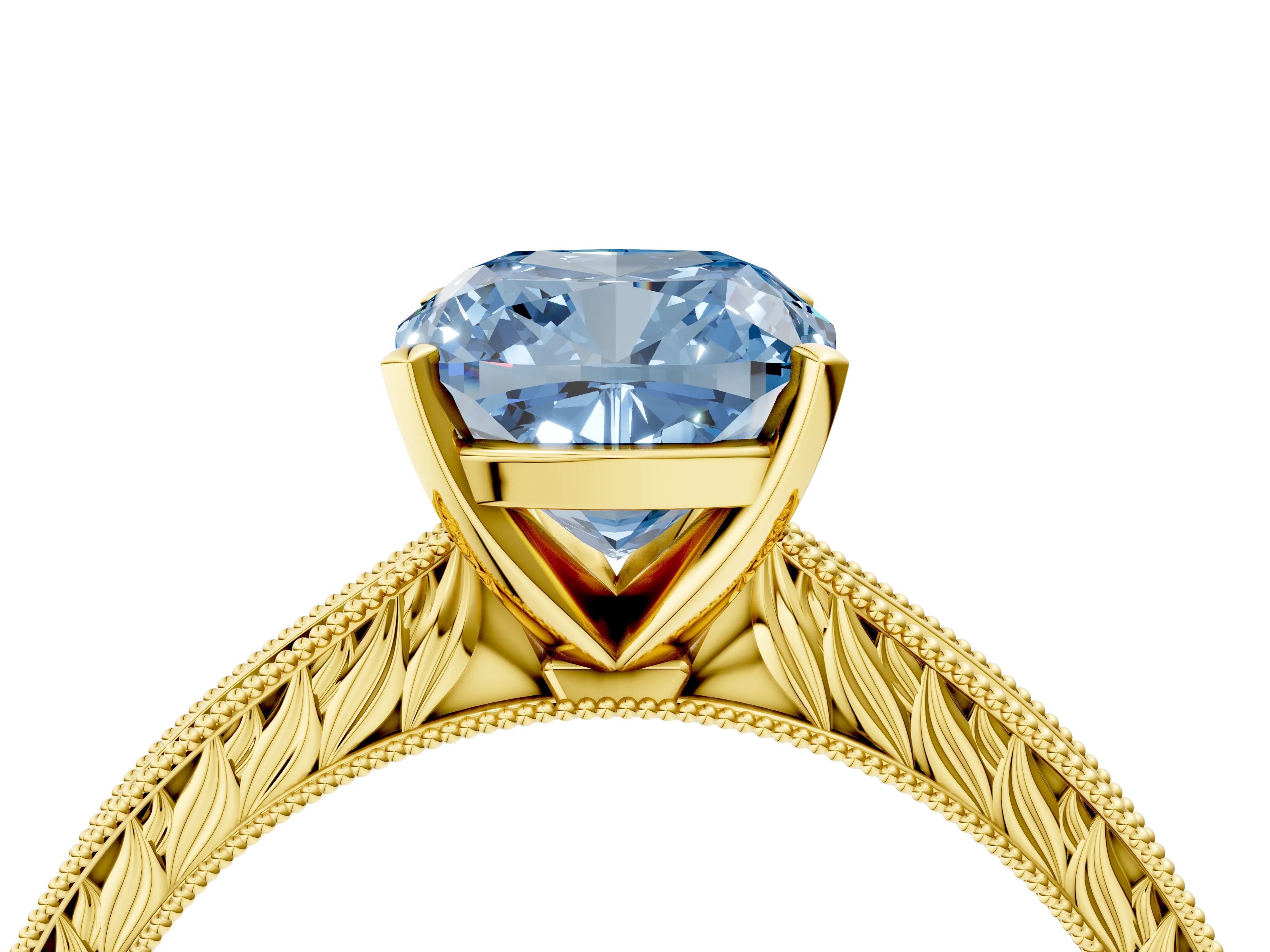 Yellow gold Fancy Blue Cushion Cut Solitaire Milgrain Engraved Band with Four-Prong Setting_4