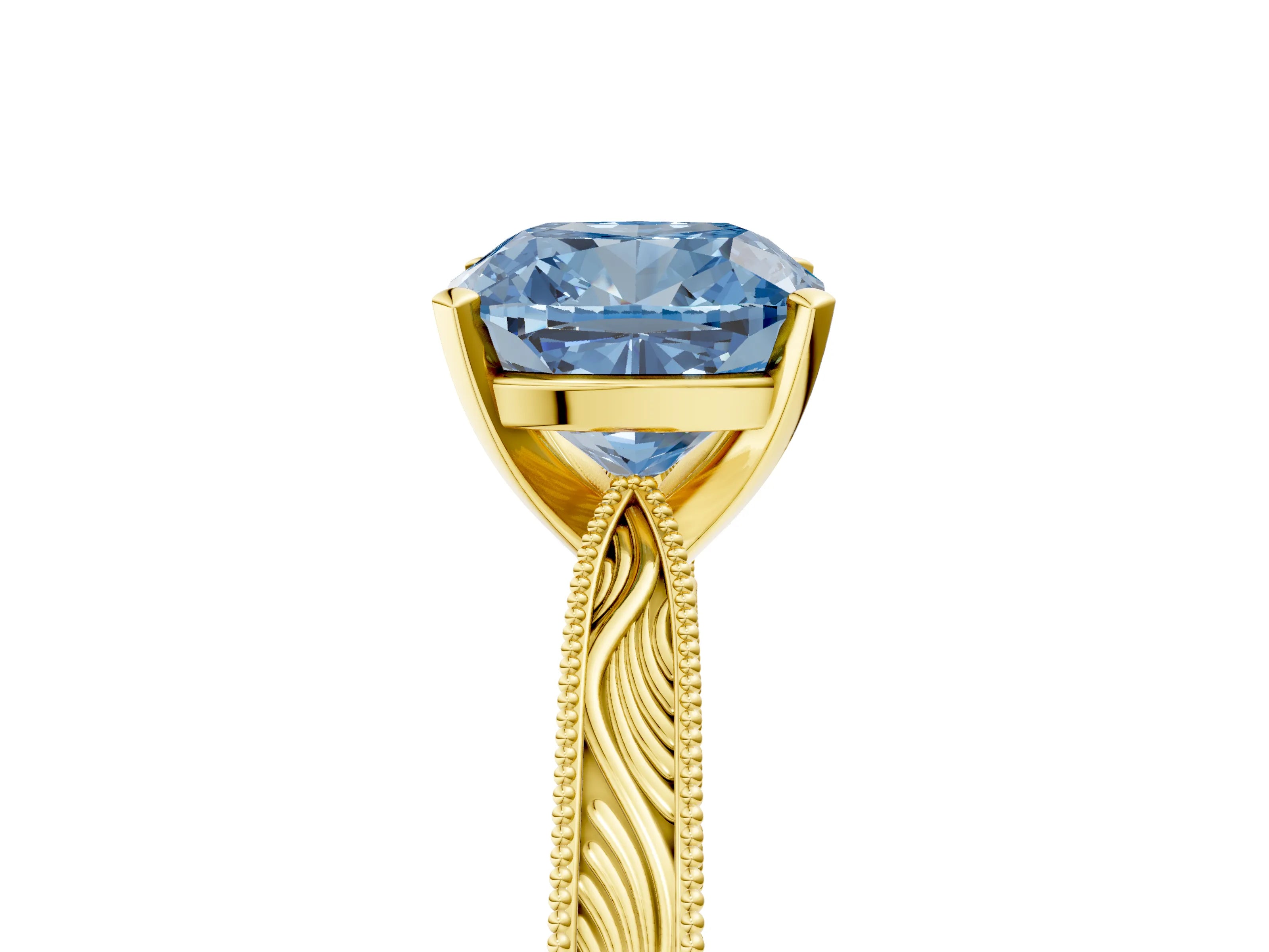 Yellow gold Fancy Blue Cushion Cut Solitaire Milgrain Engraved Band with Four-Prong Setting_5
