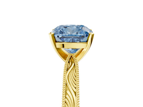 Yellow gold Fancy Blue Cushion Cut Solitaire Milgrain Engraved Band with Four-Prong Setting_5