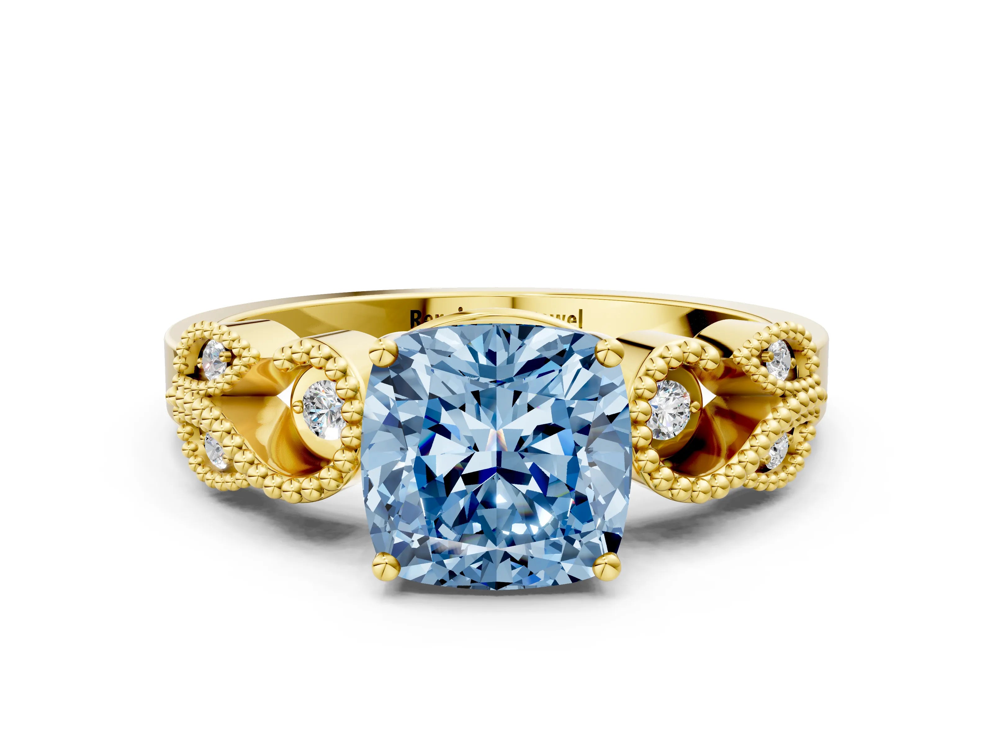 Yellow gold Fancy Blue Cushion Cut Solitaire Milgrain Leaf Band with Prong Setting