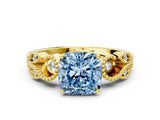 Yellow gold Fancy Blue Cushion Cut Solitaire Milgrain Leaf Band with Prong Setting