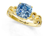 Yellow gold Fancy Blue Cushion Cut Solitaire Milgrain Leaf Band with Prong Setting_1