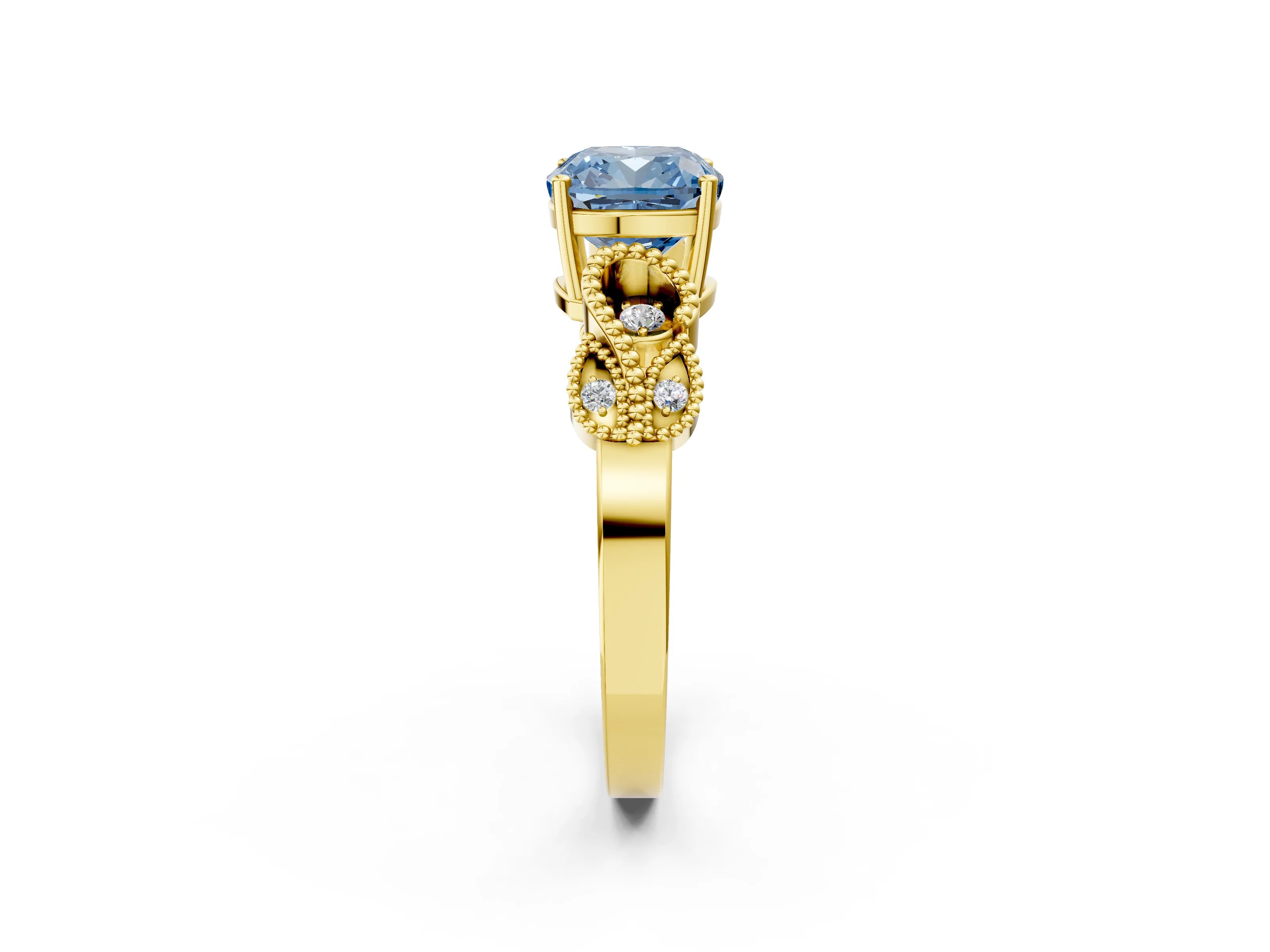 Yellow gold Fancy Blue Cushion Cut Solitaire Milgrain Leaf Band with Prong Setting_2