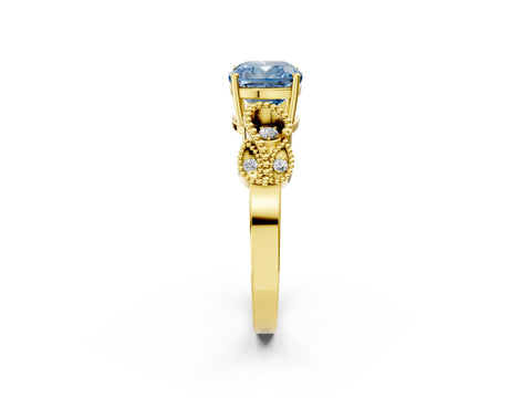 Yellow gold Fancy Blue Cushion Cut Solitaire Milgrain Leaf Band with Prong Setting_2