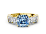 Yellow gold Fancy Blue Cushion Cut Solitaire Princess Side Stone Engraved Band Prong Setting Ring