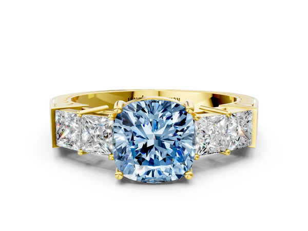 Yellow gold Fancy Blue Cushion Cut Solitaire Princess Side Stone Engraved Band Prong Setting Ring