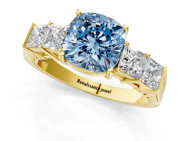 Yellow gold Fancy Blue Cushion Cut Solitaire Princess Side Stone Engraved Band Prong Setting Ring