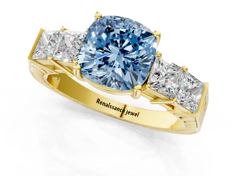 Yellow gold Fancy Blue Cushion Cut Solitaire Princess Side Stone Engraved Band Prong Setting Ring_1