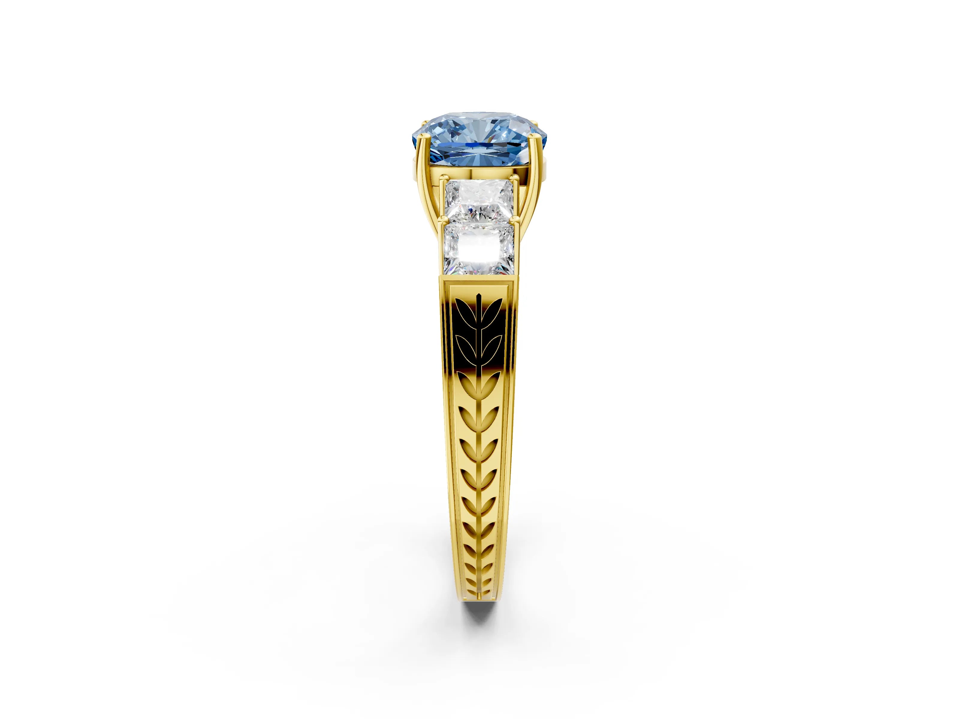 Yellow gold Fancy Blue Cushion Cut Solitaire Princess Side Stone Engraved Band Prong Setting Ring_2
