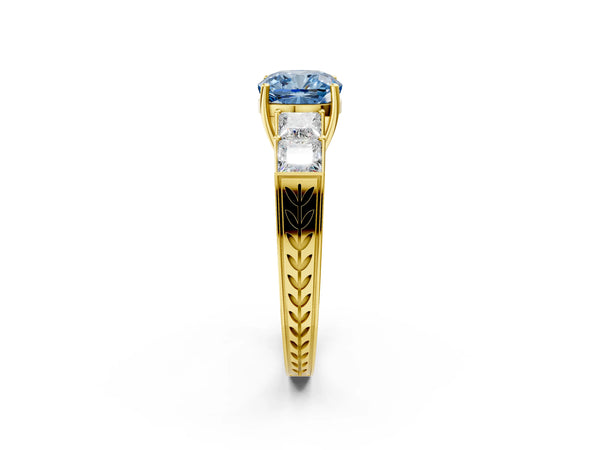 Yellow gold Fancy Blue Cushion Cut Solitaire Princess Side Stone Engraved Band Prong Setting Ring