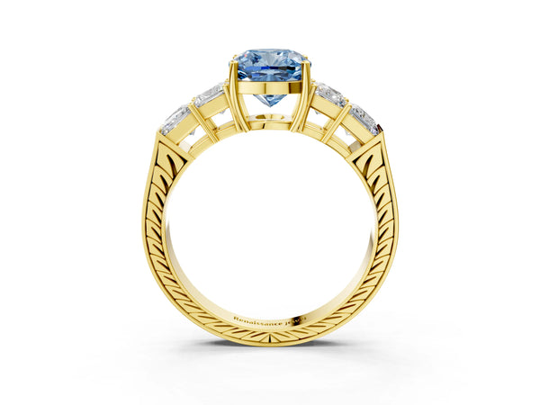 Yellow gold Fancy Blue Cushion Cut Solitaire Princess Side Stone Engraved Band Prong Setting Ring