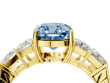 Yellow gold Fancy Blue Cushion Cut Solitaire Princess Side Stone Engraved Band Prong Setting Ring_4